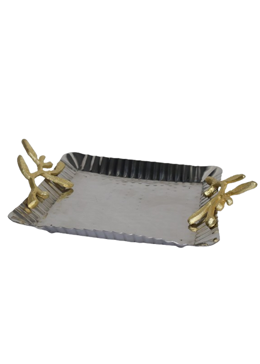 Steel Serving Tray With Golden Handles